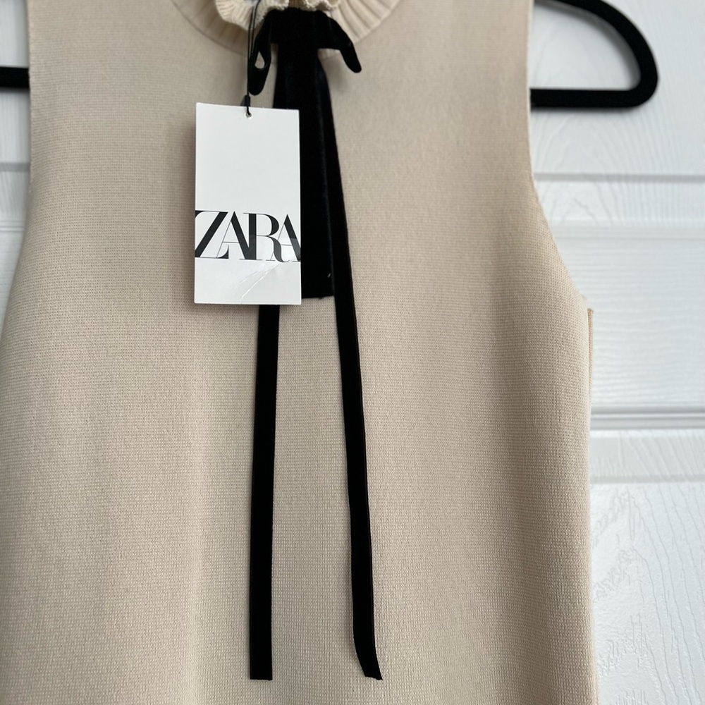 Zara Cream Sleeveless A-Line Dress with Black Neck Tie - Picture 5 of 6